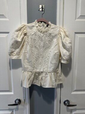 Express Cream Eyelet Puff Sleeve Peplum Blouse